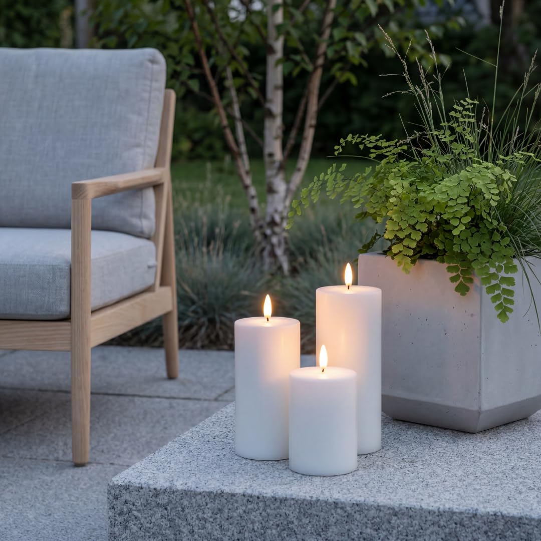 Solar LED Stumpenkerzen Outdoor 3er-Set – Flammenlose Kerzen mit Realistischer 3D-Flamme, IP44 Wetterfest, Versteckte Solarzellen, Bis zu 15h Leuchtdauer – 10/12,5/15 cm