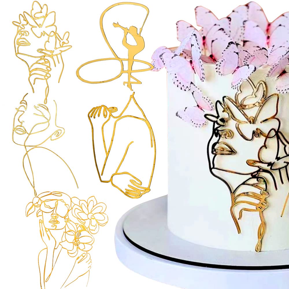 5 Pcs Acrylic Minimalist Art Lady Face Cake Topper Women Happy Birthday Cake Toppers Gold Cake Decorations Wedding Cake Toppers for Birthday Party Wedding Bridal Shower Party Supplies