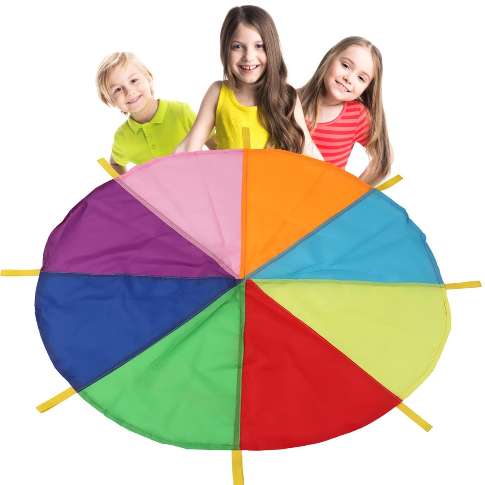 Paracadute Rainbow Gym - Paracadute all'aperto 5 m con manici sensoriali, giocattolo di attività di gruppo in nylon leggero, attrezzatura per esercizi, gioco di coordinamento della Po