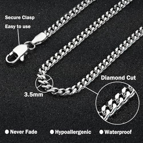 3.5mm/5mm Silver Stainless Steel Cuban Link Chain Necklace Jewelry for Men, 18-26 Inches2