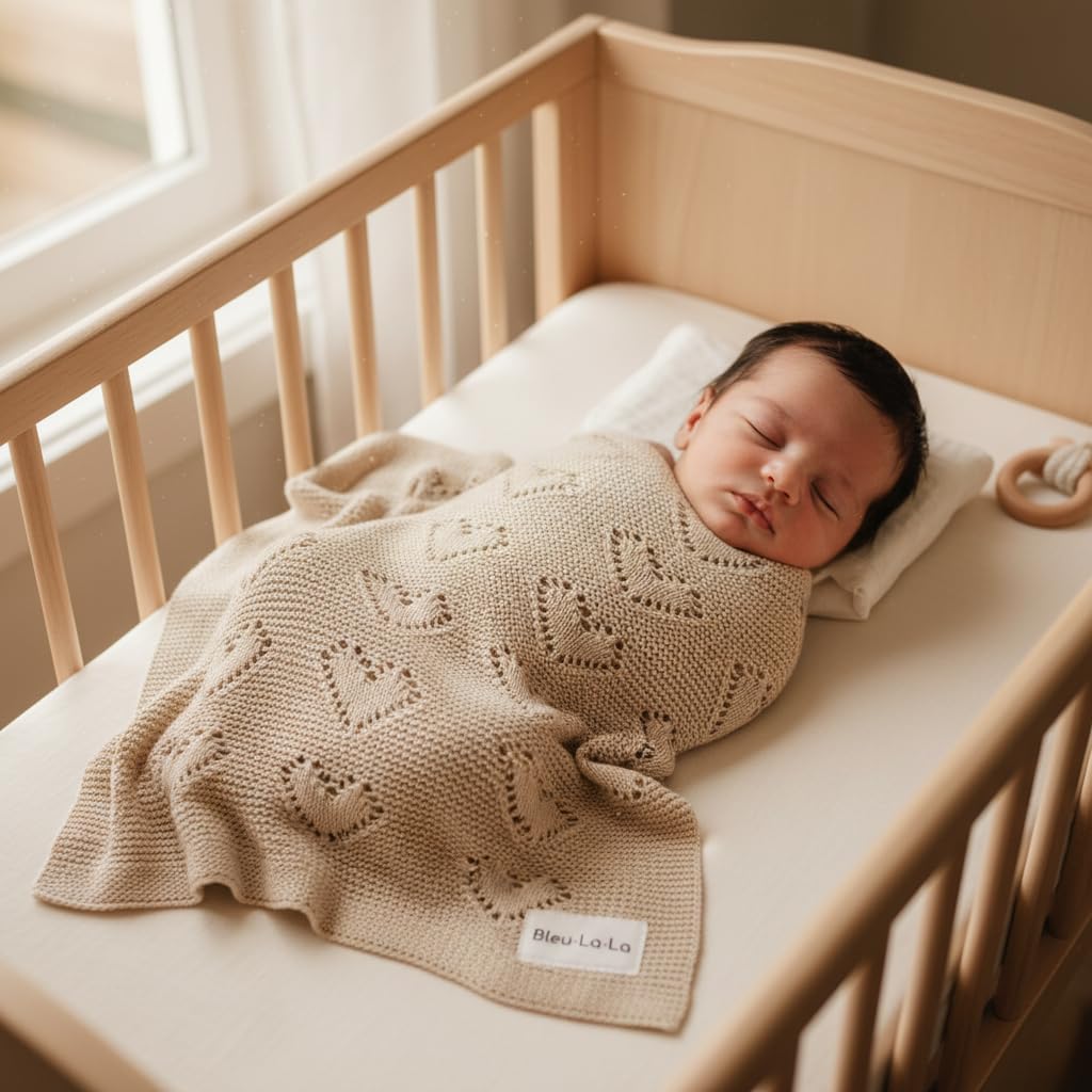 Herz Babydecke - 100% Luxuriöse Weichbaumwollstrick Warme Gemütliche Kuscheldecke für Kinderwagen und WiegePuckdecke für Neugeborene Säuglinge und Kleinkinder (Haferflocken)