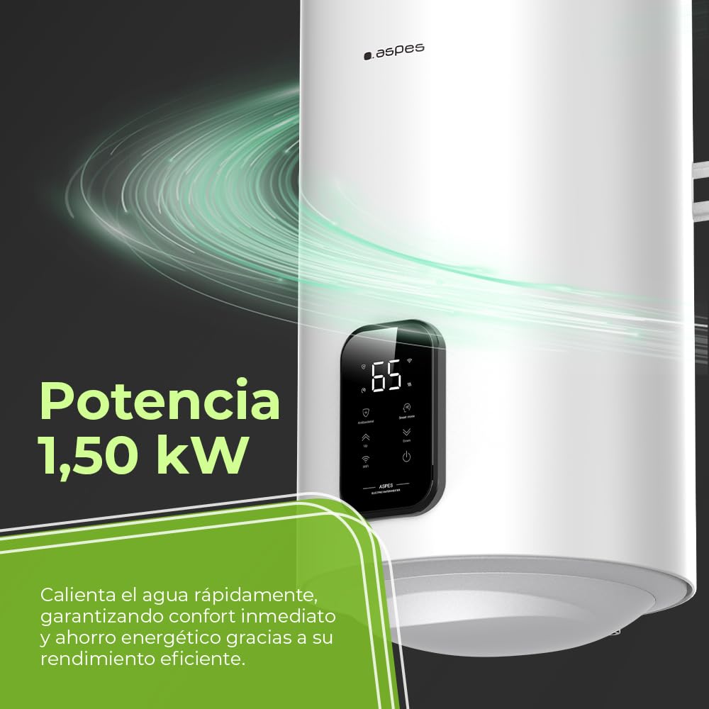 Aspes Termo Eléctrico 30 Litros, AT3000SDW. 1500W, Kit de Montaje Incluido, Resistencia de Acero Esmaltado, Termostato Digital, Temperatura Máx 93 º, Blanco, Eficiencia Energética Clase B