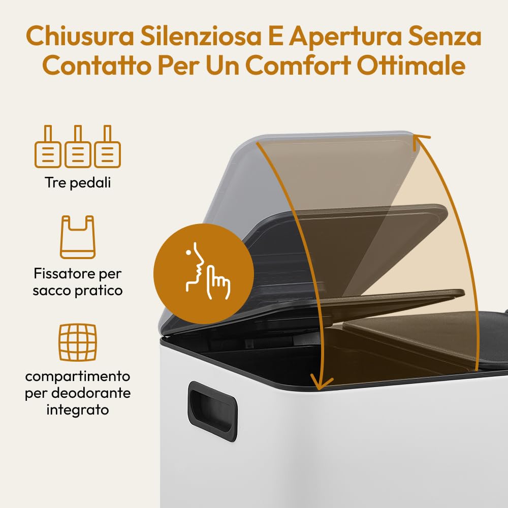 CASABEL Pattumiera da cucina tripla 3x20L, acciaio inox, bianco | Triplo scomparto, Raccolta differenziata, 3 pedali, Coperchi ermetici, Antimpronta, Secchi removibili, Facile manutenzione