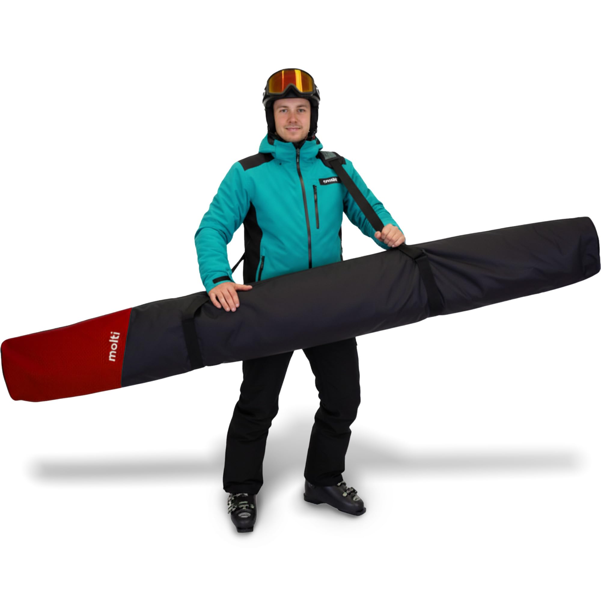 molti Torba na narty do 195 cm wodoszczelna poliester 600D, pokrowiec na 1 parę nart, materiał odporny na rozdarcie, kieszeń wewnętrzna, wentylacja, pasek na ramię i uchwyty do noszenia