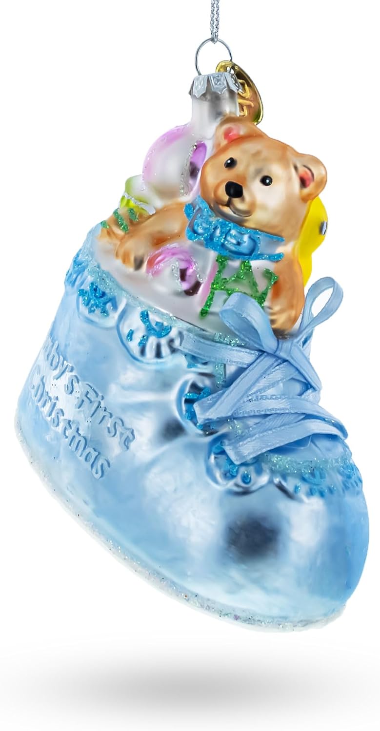 Teddy Bear Nestled in a Blue Shoe for Baby's First Glass Christmas Ornament