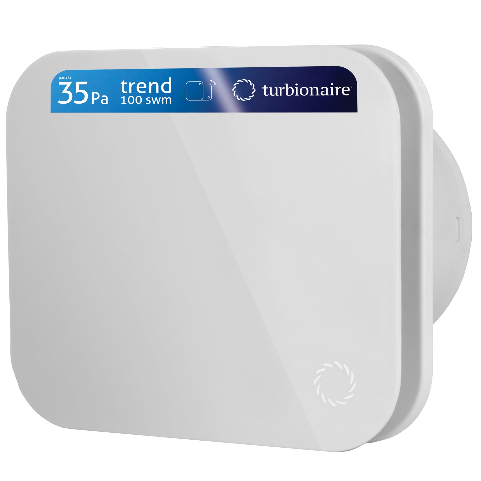 Turbionaire TREND 100 SWM Extractor, Extracción, Ventilación para Baño, Cocina, Pared/Techo, Panel Frontal Blanco Opaco, Diámetro 100mm, 35Pa, Valvula Antirretorno, Silencioso 33dB, IPX4