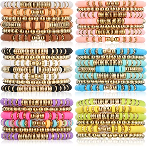 40 Pcs 6 Set Surfer Heishi Bracelets Colorful Preppy Bracelets Clay Beads Handmade Beaded Bracelets Elastic Boho Jewelry Beach Friendship Stretch Bracelet Set for Girls Women Teen