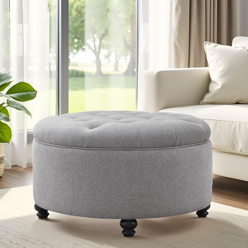 HUIMO30-Inch Round Storage Ottoman, Modern Button Tufted Coffee Table with Removeable Top, Upholstered Ottoman with Storage Footrest Stool for Living Room, Bedroom and Office(Grey)