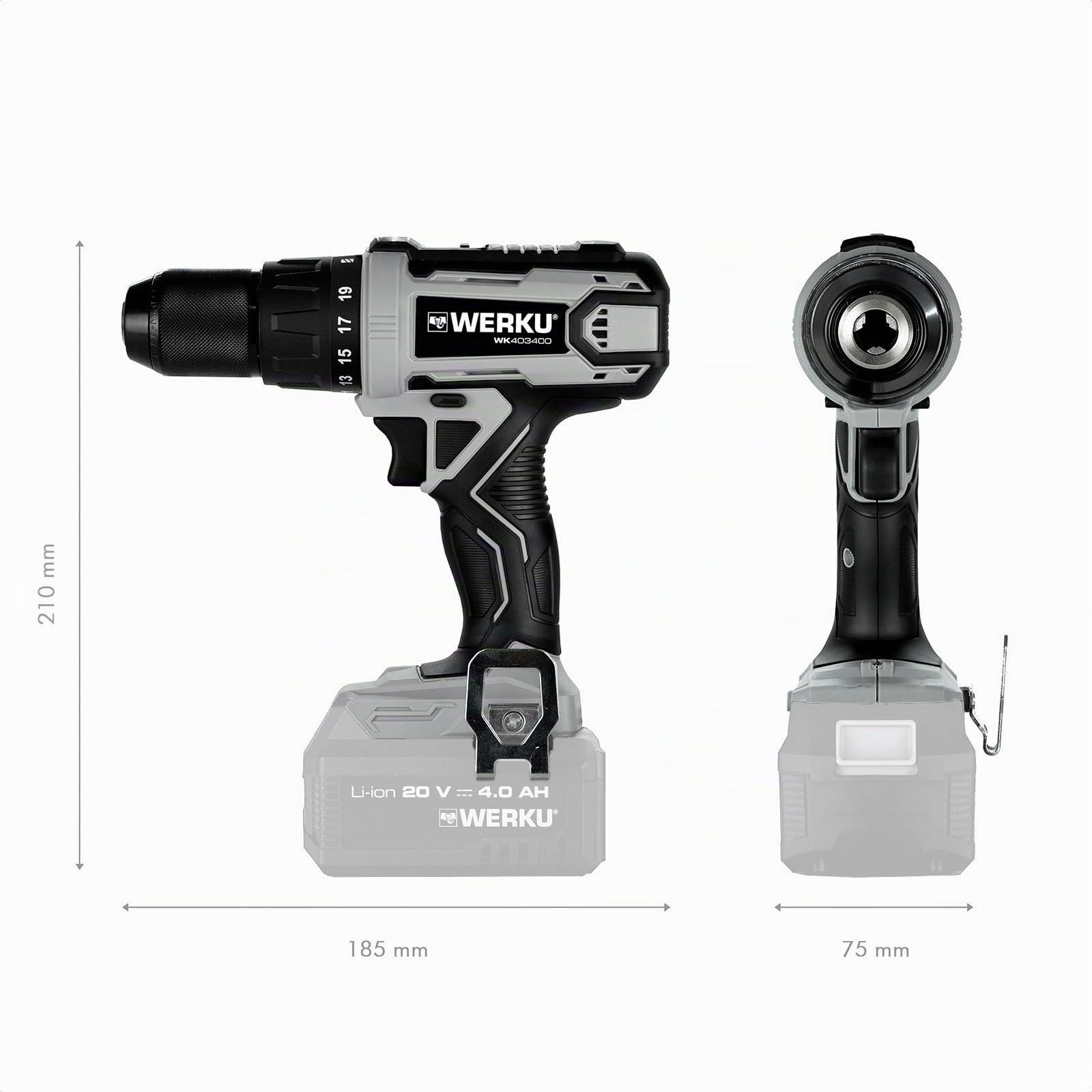 Werku WK403400, Taladro Atornillador-Percutor Inalámbrico, Calidad Profesional, Potencia 20 V, Función Atornillado y Taladrado Con Percusión, No Incluye Batería y Cargador