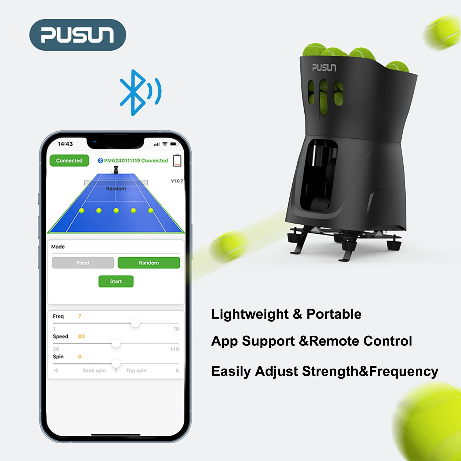 PUSUN Macchina portatile per palline da tennis, PT-Mini Pro, per pratica e allenamento, supporta app e telecomando per regolare velocità e angolo; contiene 65 palline in una volta, facile da usare