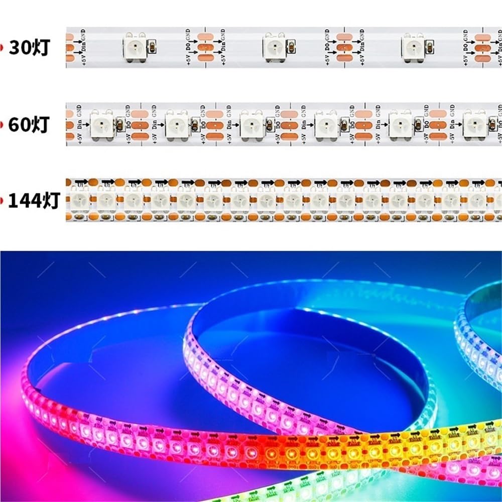 Exterior/interior decorativos, Tira de luces LED de 5 metros, SK6812 DC5V 5050SMD, 30/60/144 LED/m, RGB, con soporte de cobre y cable dorado.(Black PCB-IP67,144leds/m)