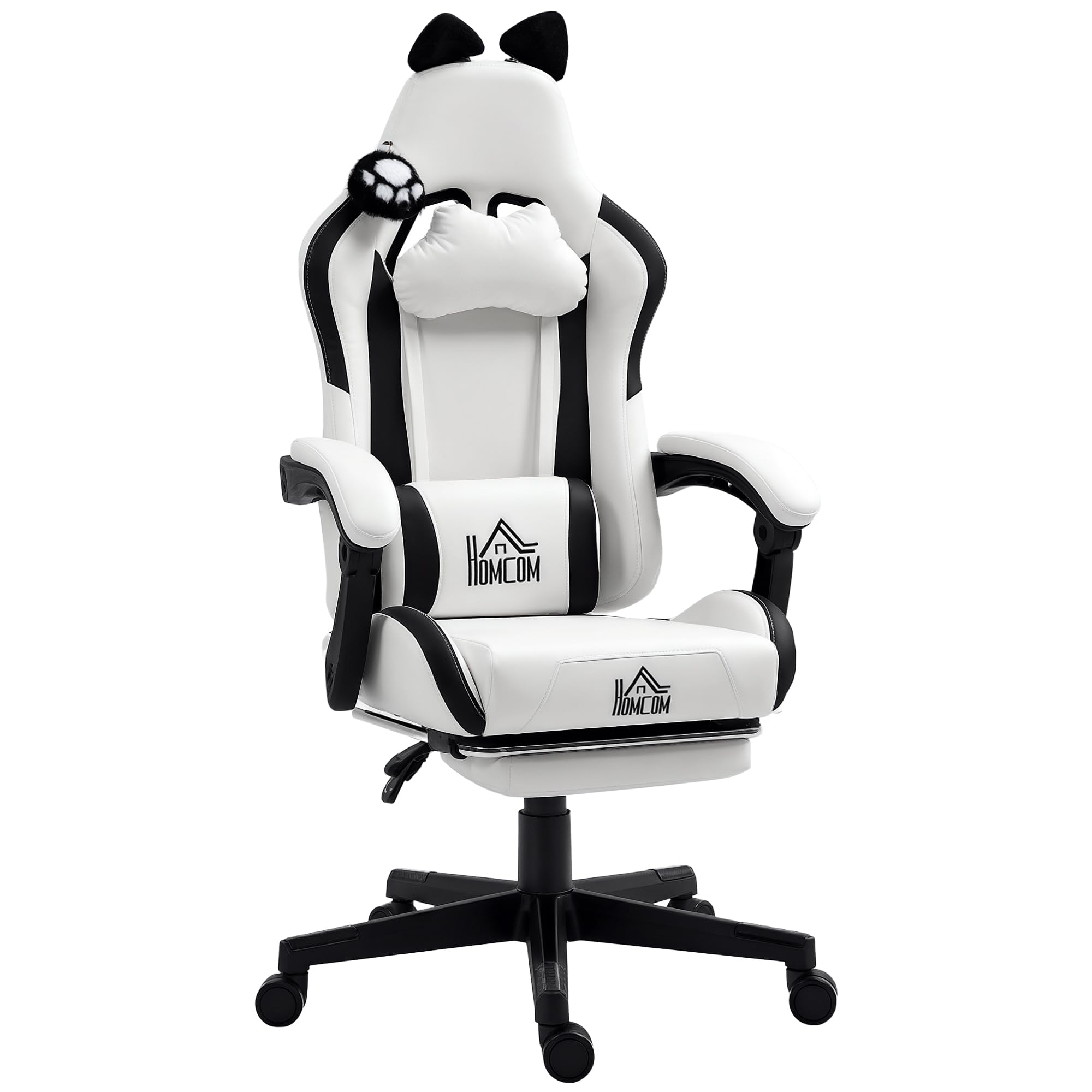HOMCOM Silla Gaming con Orejas Silla Gamer Reclinable con Altura Ajustable Reposapiés Retráctil Soporte Lumbar y Reposacabezas Desmontable Silla para Oficina Estudio Blanco