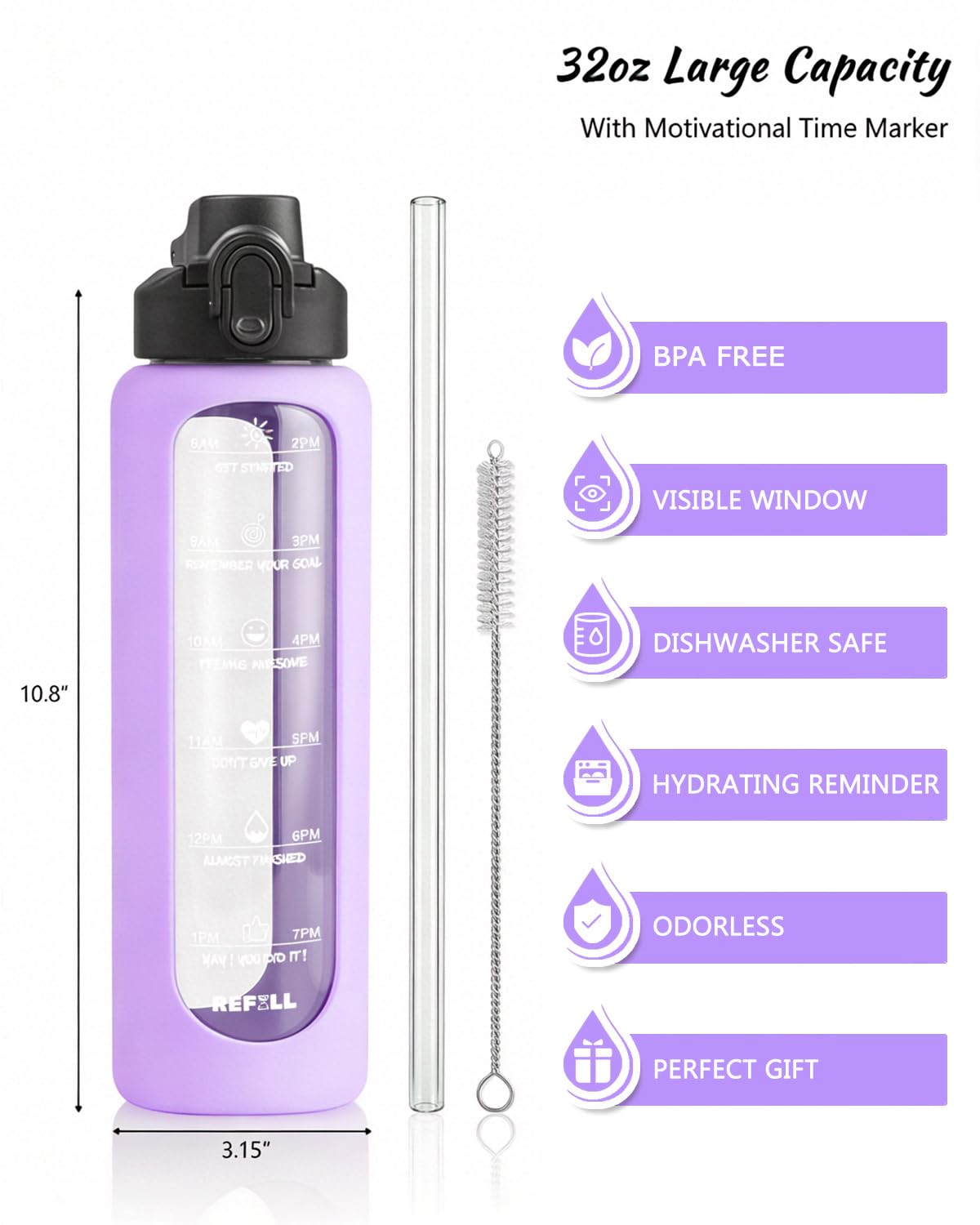 Nefeeko 963 ml Glas-Wasserflaschen mit Strohhalm, motivierende Glas-Wasserflasche mit Zeitmarkierung, 1 Liter, BPA-frei, auslaufsicher, Bambusdeckel, Auslaufdeckel