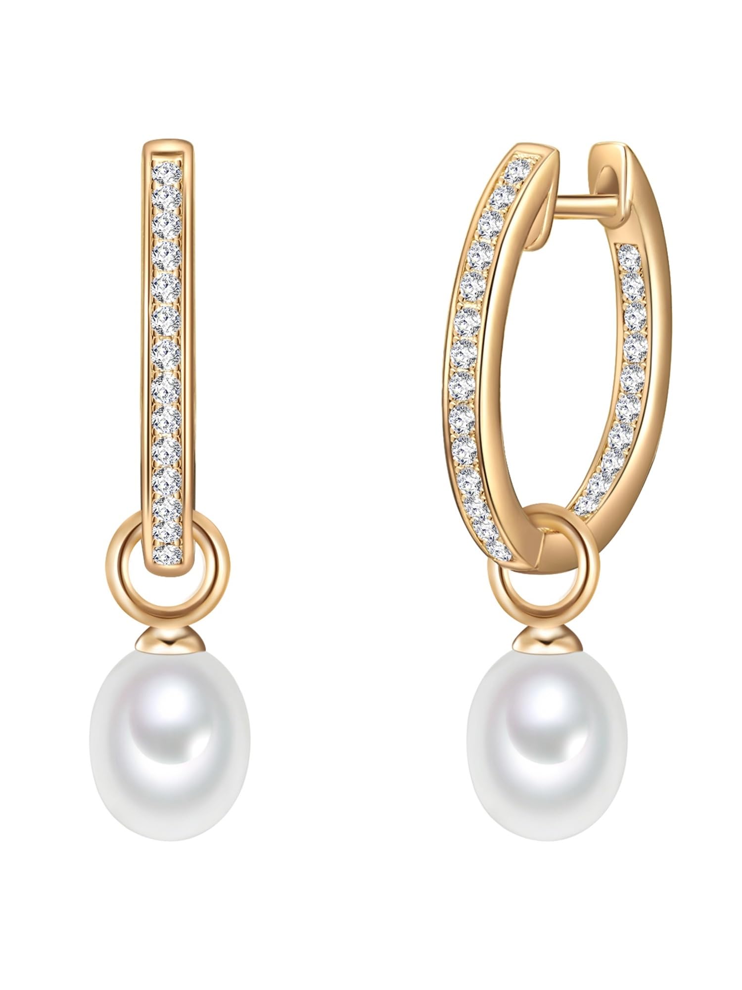 Valero Pearls Damen Klappcreolen aus 925/- Sterling Silber gelbvergoldet mit Zirkonia-Steinen und Perleneinhänger Süßwasser-Zuchtperlen 6-7 mm weiß