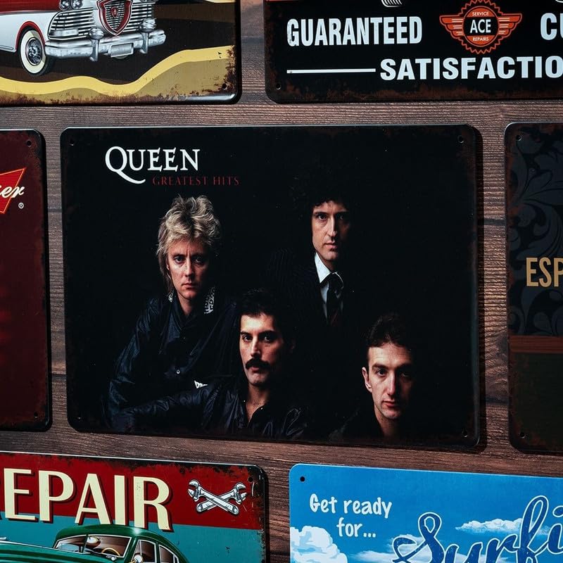 Image of Eazywagon Decorative Retro Metal Signs Wall Plate - 12x8 Inch (Queen Greatest Hits Rock Band) | Weatherproof Vintage Metal Sign Plate for Cafe, Home, Bar, Garage | Decorative Wall Hanging Sign Board
