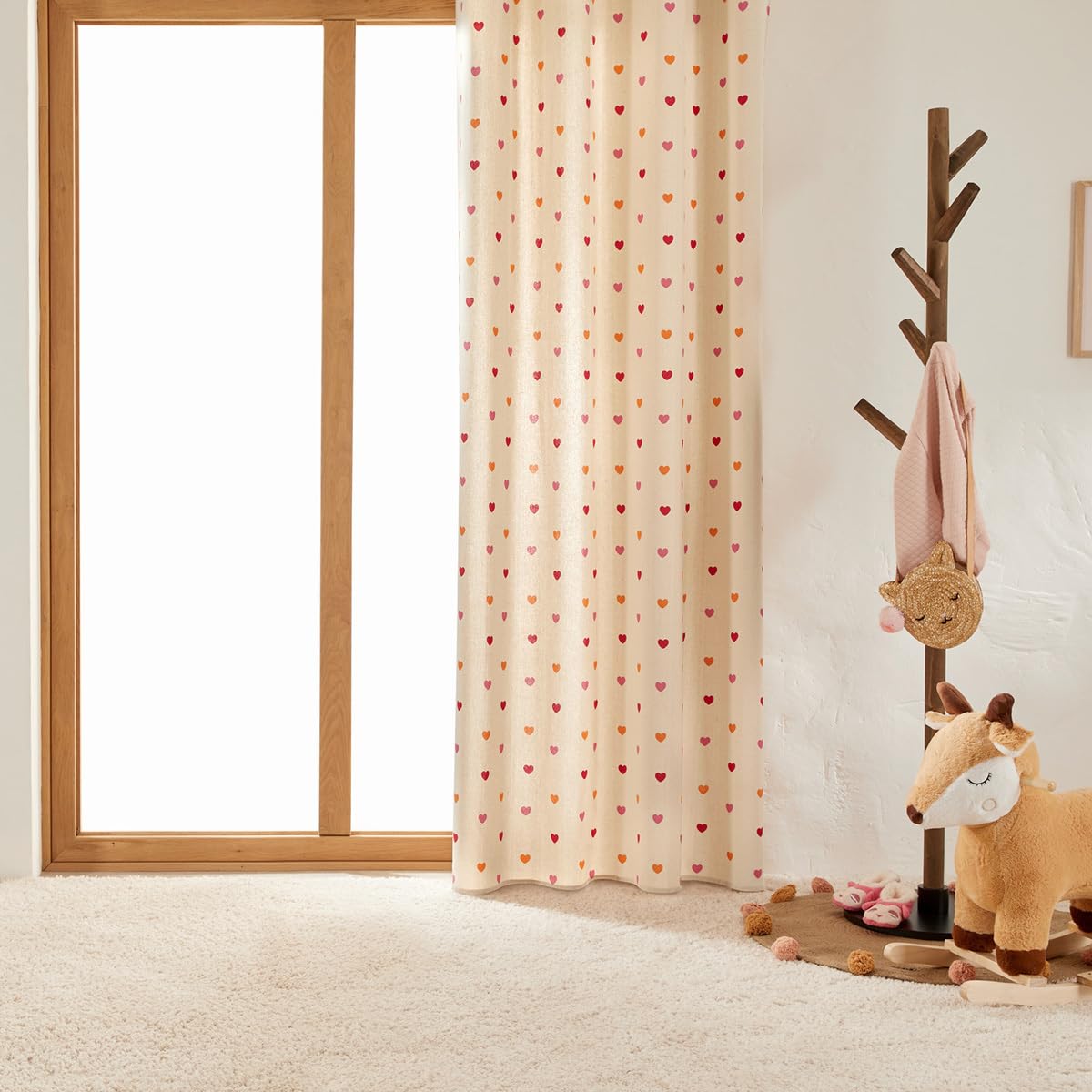 Rideau en Coton Beige imprimé Coeur 140 x 260 cm - Atmosphera