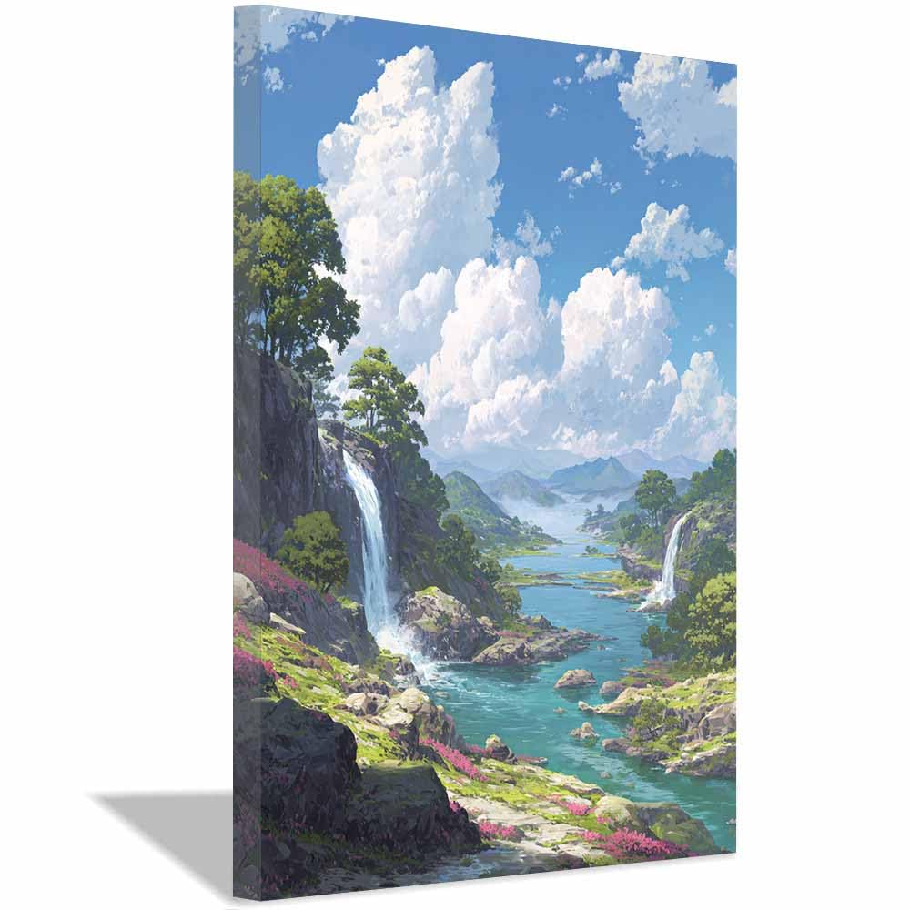 XENIOU landscape poster Anime Waterfall River modern canvas wall art, decorative paintings, canvas painting wall art for Home Decor.(Multicolor)-70x100cm Framed