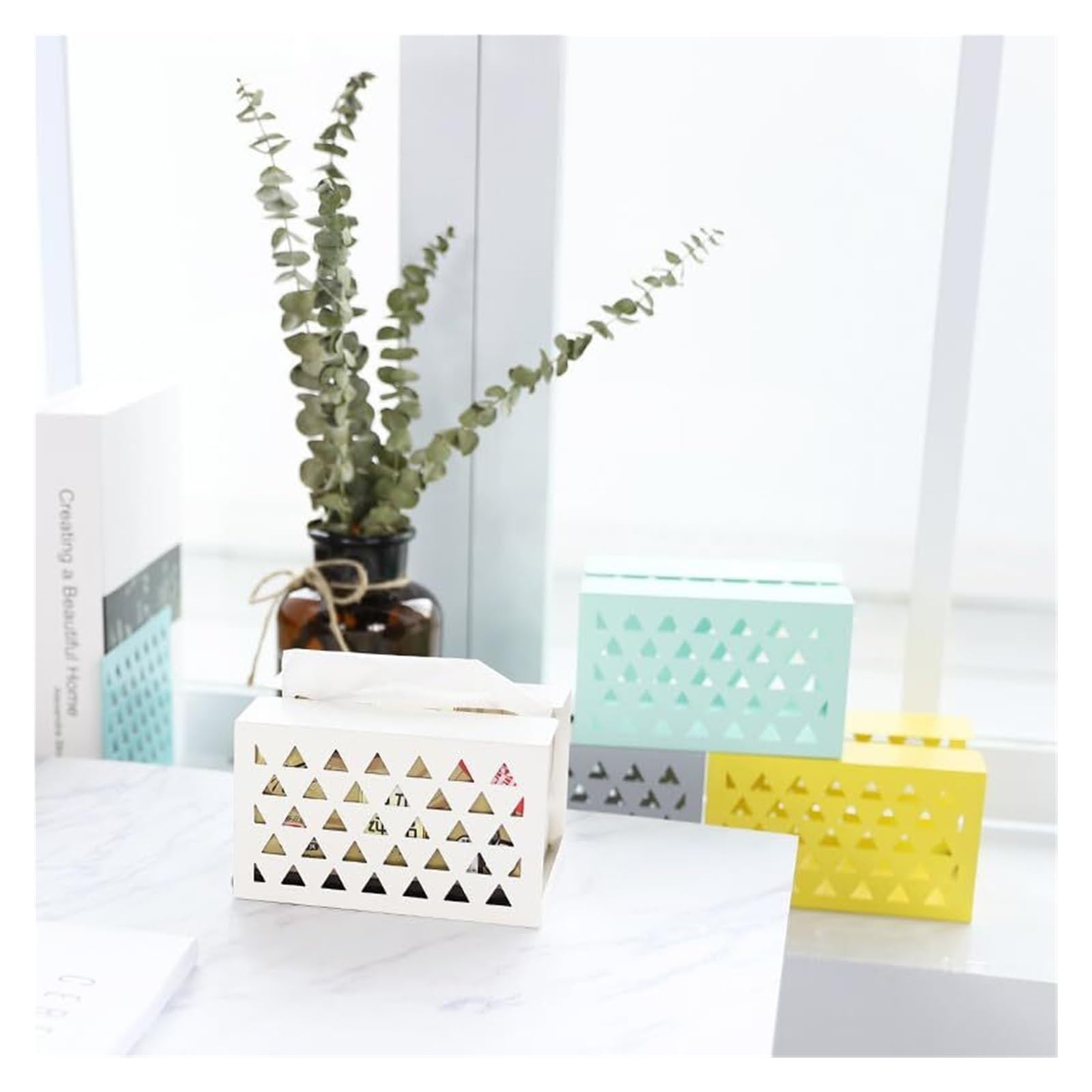 Portarrollos Decorativos Caja de pañuelos Hierro Hueco, Soporte Rectangular Metal, servilleta Papel Abierta Creativa Artículos para el hogar(Yellow)