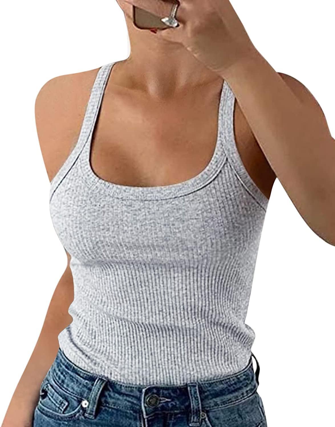 DUOEASE Canotta a Costine Donna Girocollo Spaghetti Top Donna Slim Fit Senza Maniche Canottiera Donna
