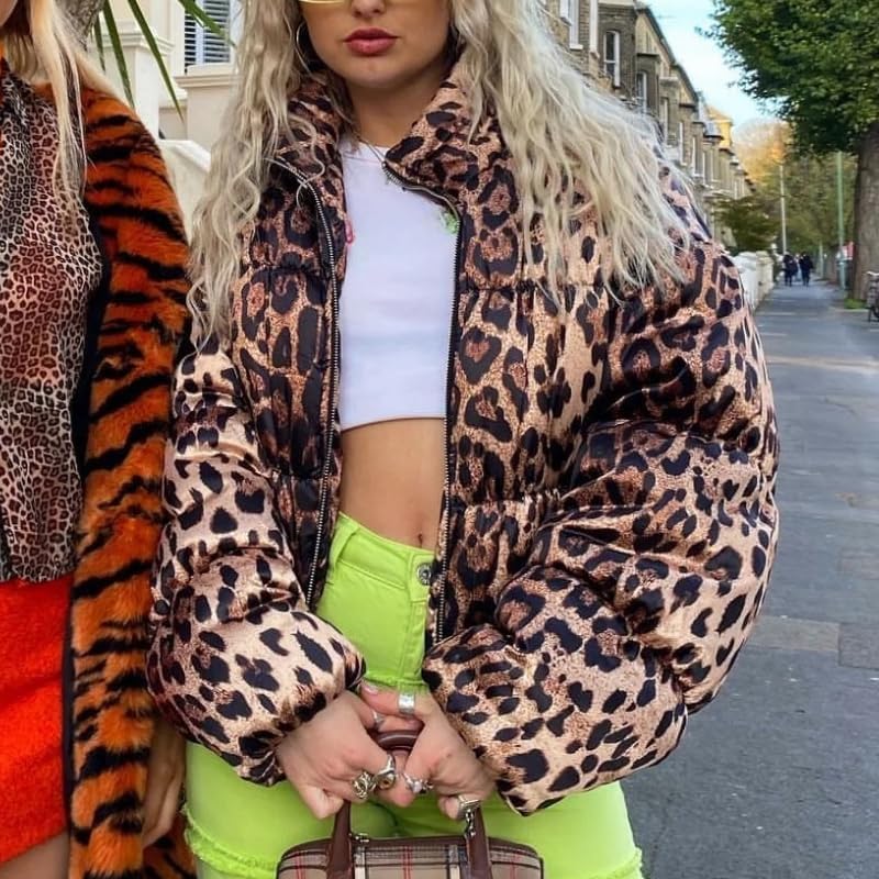 Womens Leopard Jacket Quilted Lightweight Jackets Zip Up Short Puffer Jacket Winter Warm Cheetah Print Coat - Image 3