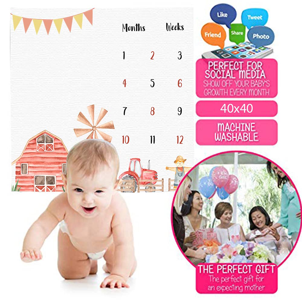 Manta de hito mensual para bebé, de franela suave, 48 x 40 pulgadas, fondo de tractor y granero, regalos para mamá recién nacida, monitor de crecimiento de edad de baby shower con fabricante de
