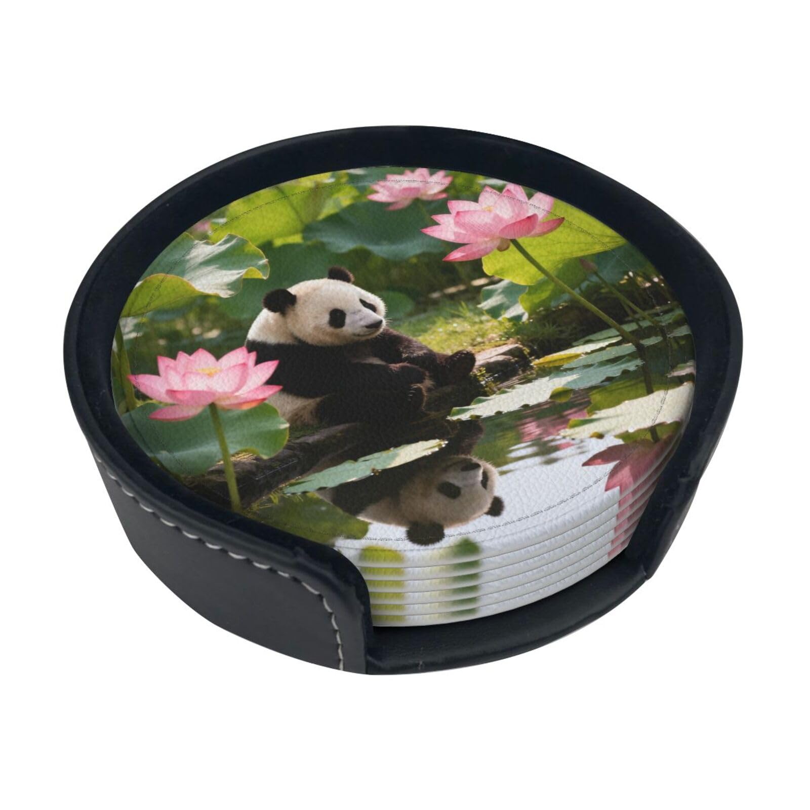 Cntdbu White Panda Lotus Pond Leather Coasters Set Of 6-Pu Leather Drink Mats For Table, Heat Resistant Round Coasters With Holder
