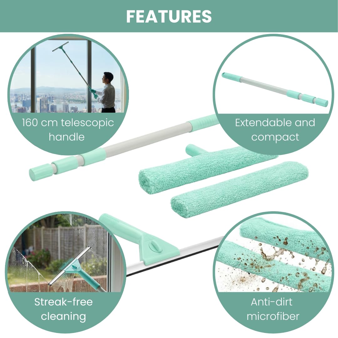edihome, Lavavetri Telescopico Estensibile fino a 160 cm, Pulisci Vetri con 2 Teste e Panni in Microfibra, Tergivetro per Finestre, Doccia e Specchi, Uso Domestico (Set completo)