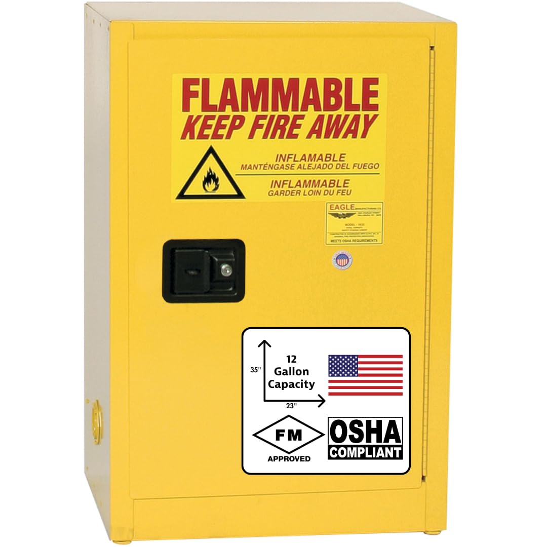 Eagle American Made 12 Gallon F?lammable Liquid Storage Cabinet, Manual-Close Space Saver Fireproof Cabinet for Schools, Garages, Manufacturing Facilities, 23" x 18" x 35", 1925X (interior is brand new, outside has minor dents/scuffs)