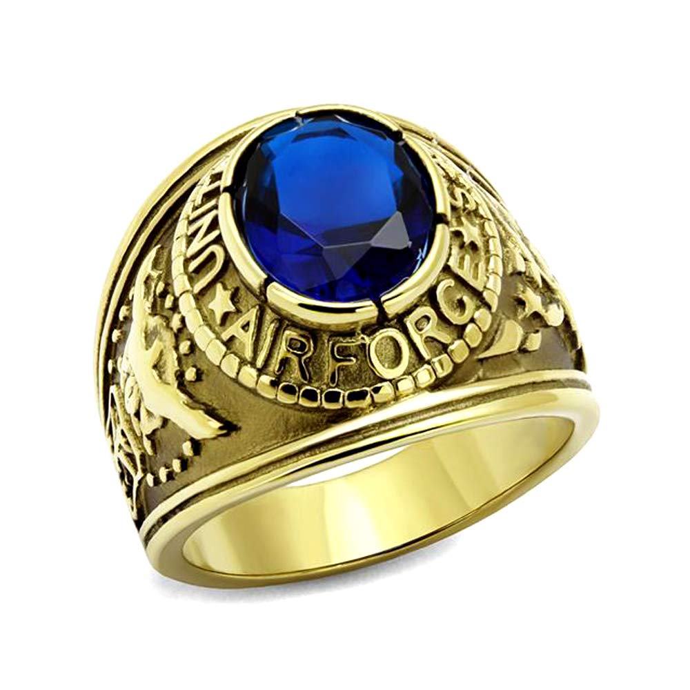 Eternal SparklesAir Force Ring Men's US Gold IP Plated Stainless Steel Blue Oval Synthetic Glass