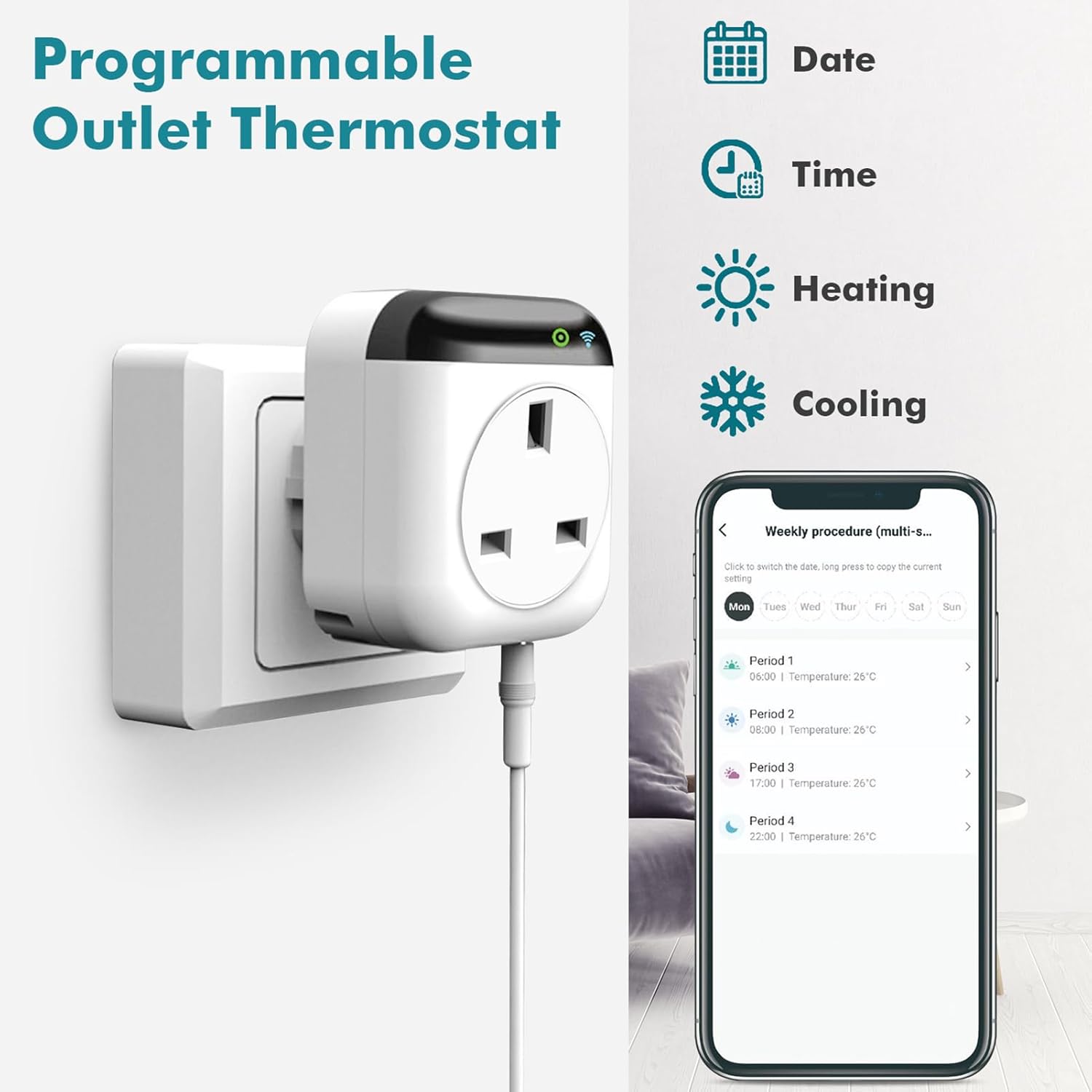 Jadeshay Thermostat,Wireless Programmable Smart WLAN Thermostat Plug Socket Temperature Controller Support APP & Voice Remote Control Electrical Switch Timer with Sensor Probe 230V 9 61rq9UywUIL. AC SL1500