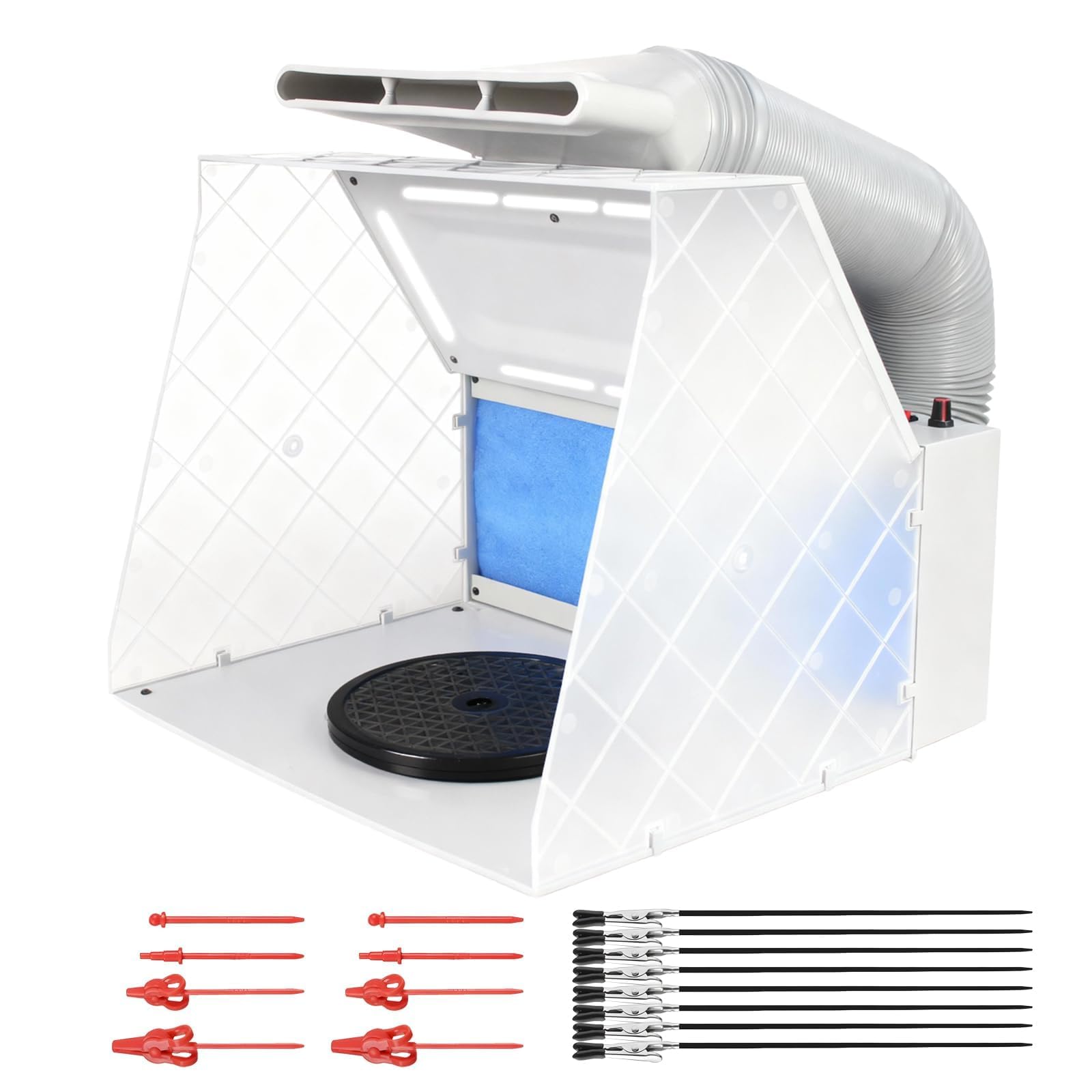 Airbrush Spray Booth Kit,Adjustable Powerful Fan and LED Lights,3-layerFilter with Wide Range of Accessories Includes Turntable,16PCS Alligator Sticks for Painting Model Craft Hobby DIY