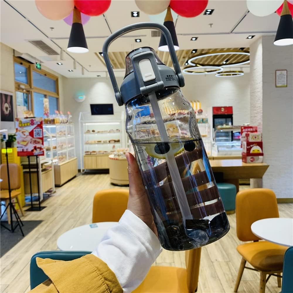 Crevizon 2 Liter Motivational Water Bottle with Time Marker & Straw Drinkable Leakproof Tritan BPA for Camping Training Bicycle Hiking Gym - Multicolor