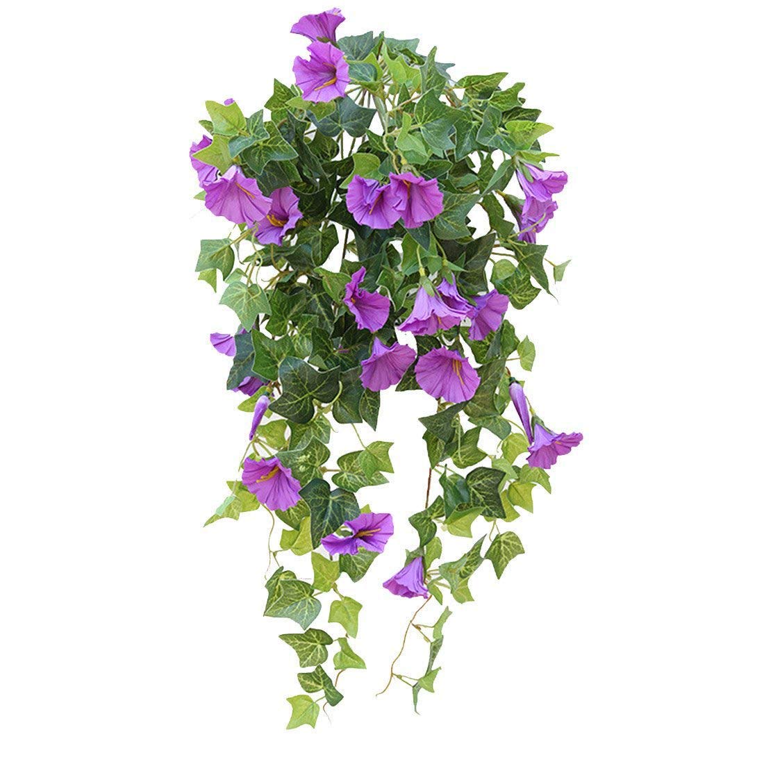 Calcifer 1 Branch(12 Stems/23 flowers) Artificial Morning Glory Trumpet Flower Vine Plastic Flower Bouquet Hanging Wall Strings Flowers for Home Garden Wedding Party Decoration (Purple)
