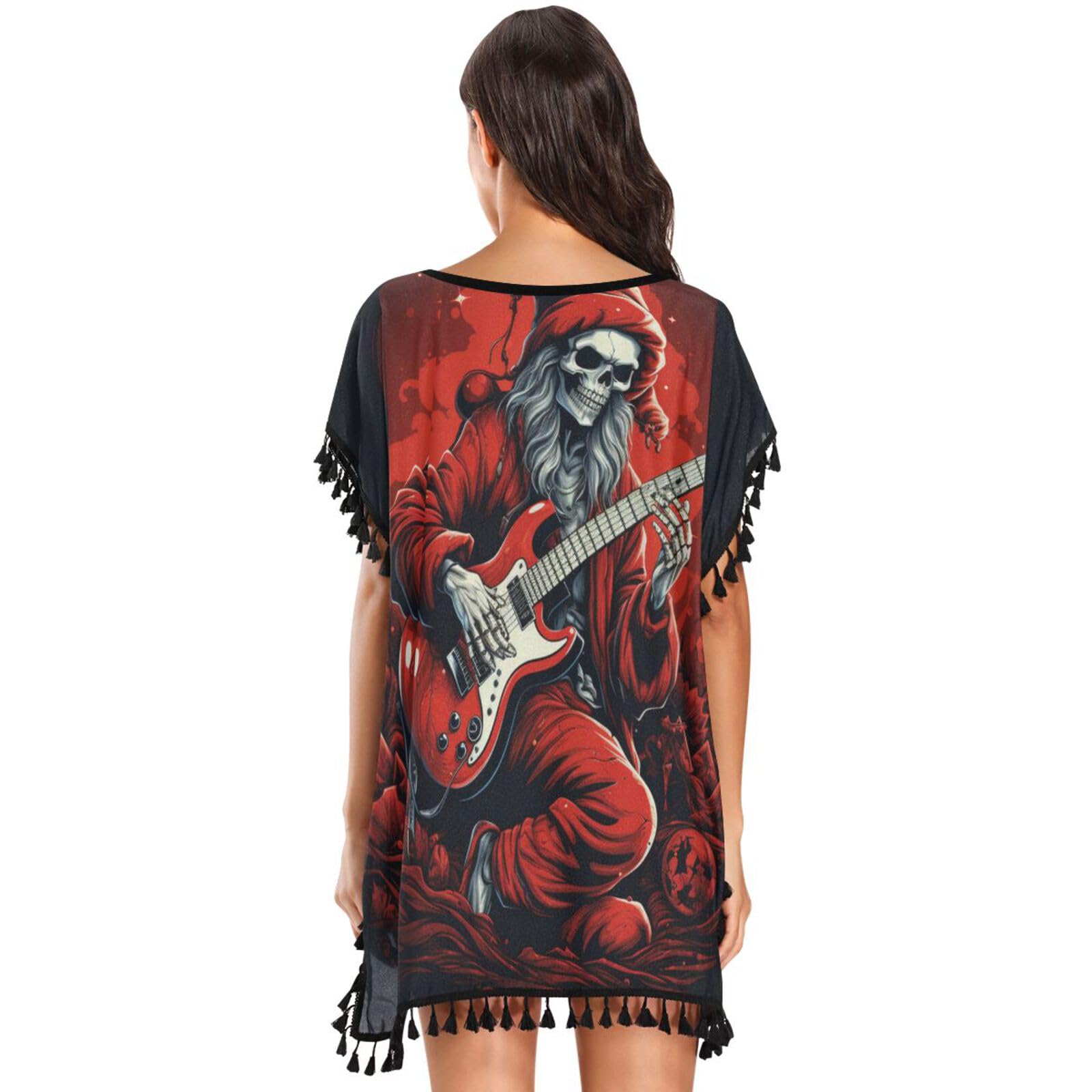 Christmas Skull Guitar Red Women's Beach Cover Up Chiffon Tassel Swimwear Swimsuit Coverups for Girl