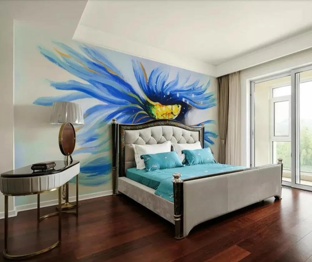 Papier peint bleu 3D poisson fresque murale intissé pour maison