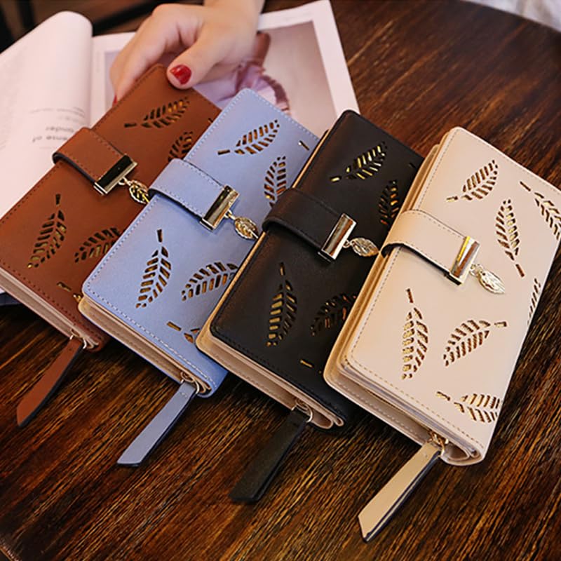 Women's Long Leather Wallet with Leaf Closure – Bifold Card Holder, RFID Blocking, Elegant Zipper Clutch Purse4