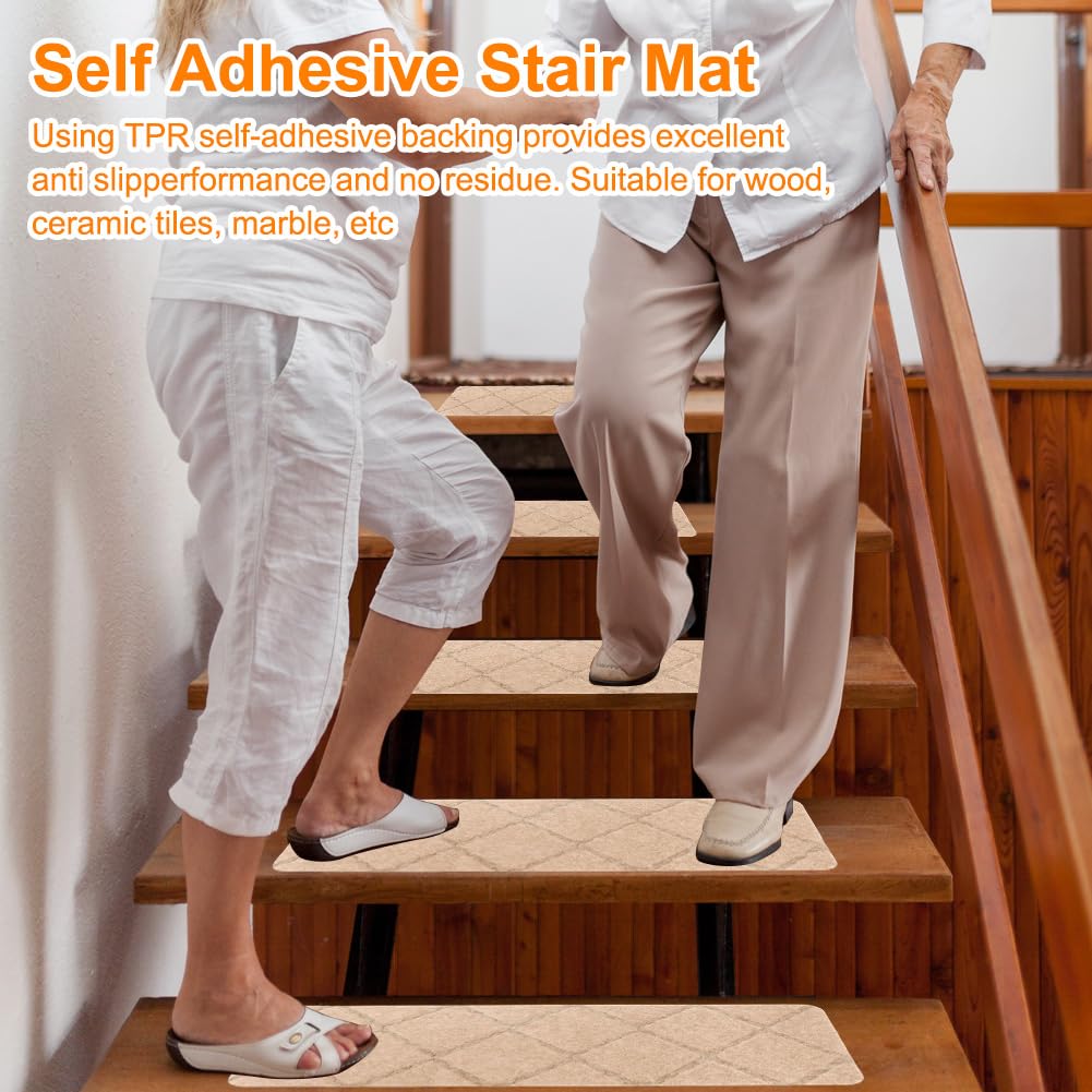 FARYODI Alfombrillas autoadhesivas para escalones, 15 unidades, 55 x 19 cm, para escaleras, para casa, escaleras, de madera, azulejos y mármol (beige)