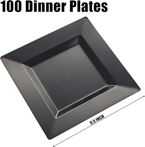 Miniatura 2 de 100 platos llanos de plástico negro, platos cuadrados desechables de 9.5 pulgadas, platos de postre para bodas, fiestas, Pascua, Navidad