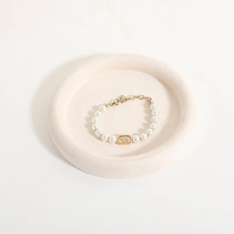 Velvet Jewelry Display Tray, Round Jewelry Organizer Plate, Empty Jewelry Showcase Tray for Necklaces, Bracelets, Rings, Earrings【Beige-Small, 5.9 x 5.9 in 】