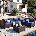 VONZOY Patio Furniture Set, 7-Piece Outdoor Sectional Rattan Sofa Set with Coffee Table (Navy Blue Cushions with Brown Rattan)