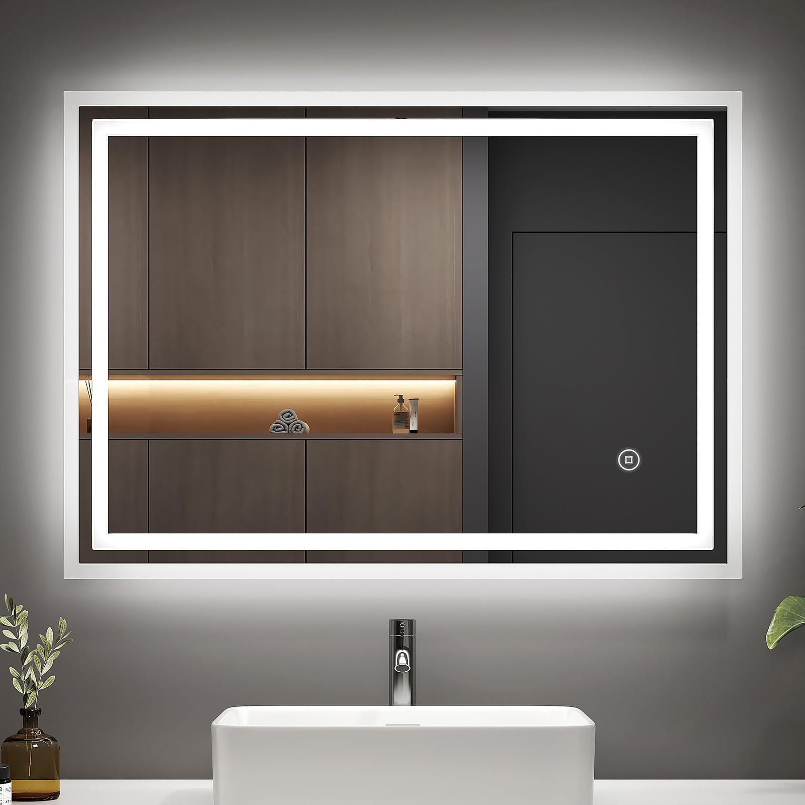 EMKE 50 x 70 cm Backlit Illuminated Bathroom Mirror, Outline Bathroom Mirror with LED Lights and Demister Pad/Touch Switch, LED Mirrors for Bathrooms Dimmable, Horizontal/Vertical, IP44