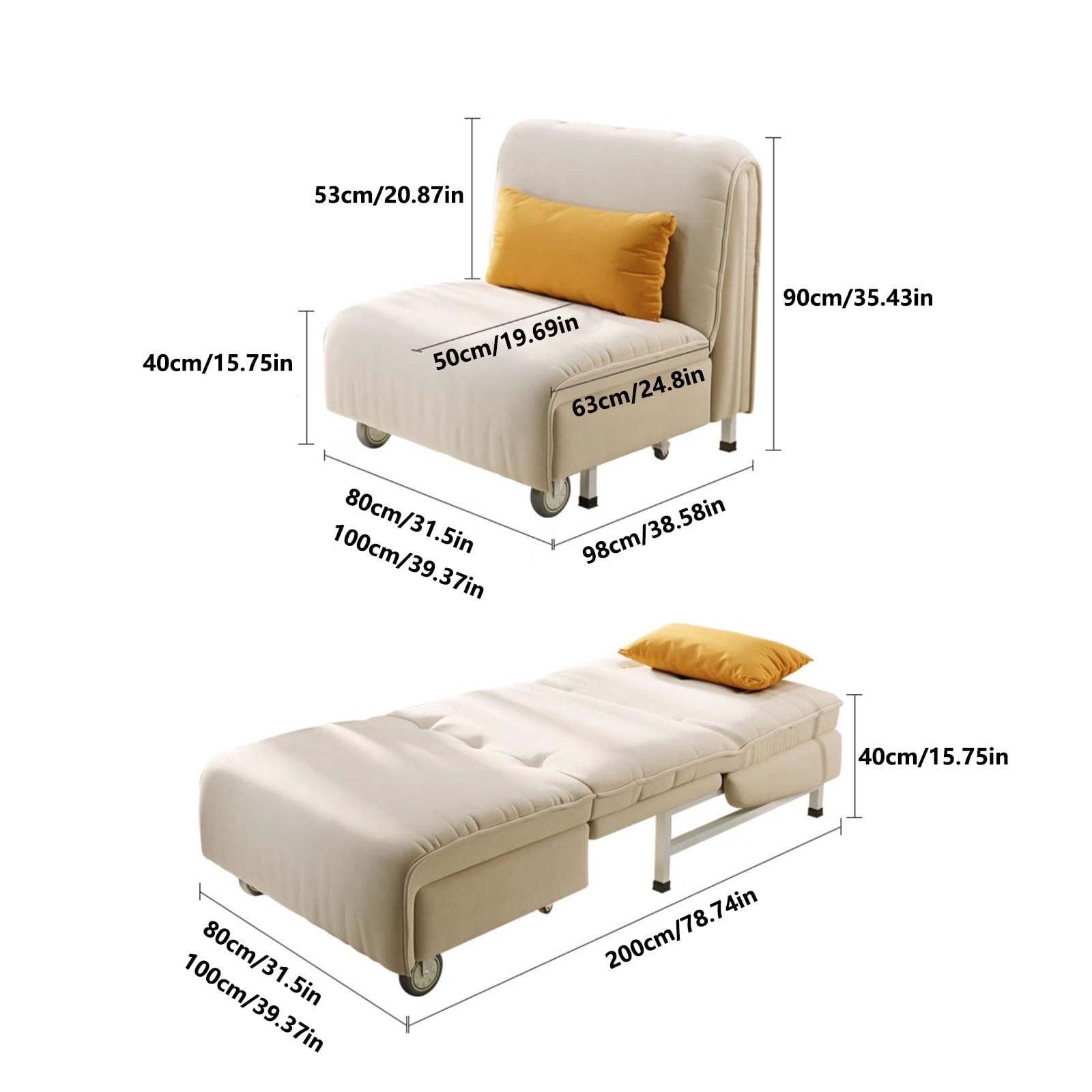 Sofa składana Składana sofa, rozkładana, tapicerowana pojedyncza z kołem, łóżko dla gości do salonu Home Office(Grijs,80cm)