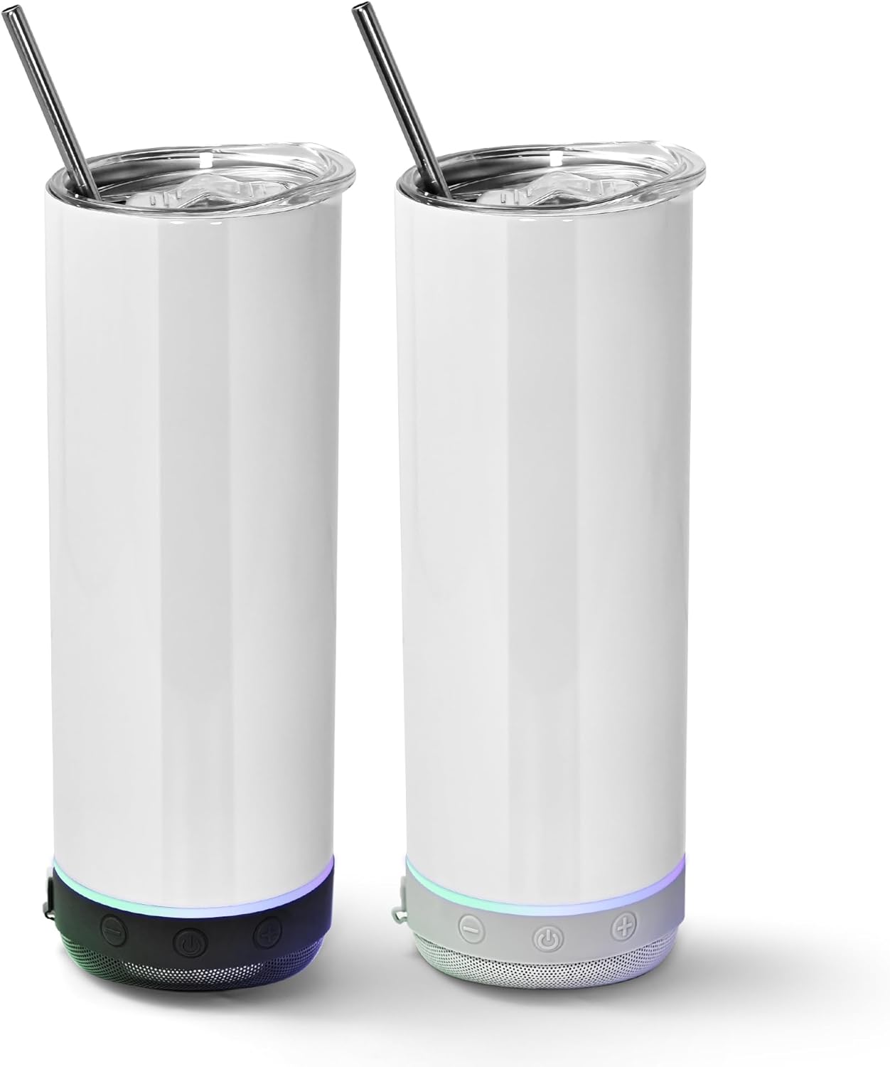 AGH 2 Pack Music Speaker Tumbler with Straw and Lid, 20oz Sublimation Skinny Stainless Steel Double Wall Cup with Detachable LED Light, Suitable for DIY Gifts (Black & Gray)