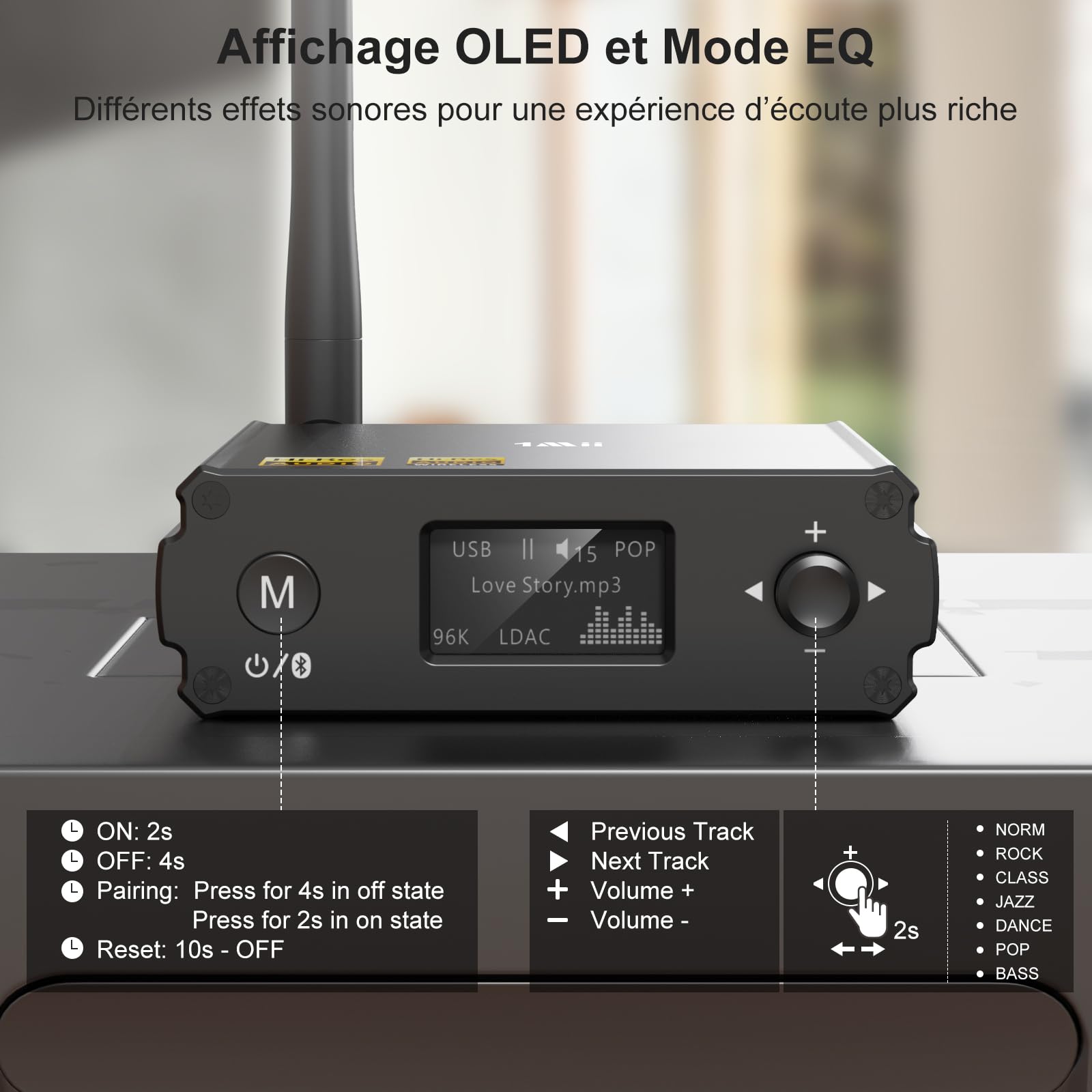 1Mii DS220 Recepteur Bluetooth Hi-Res pour Stéréo Domestique | avec LDAC, Adaptateur Audio HiFi Bluetooth 5.3 avec Audiophile DAC aptX HD Affichage OLED Mode