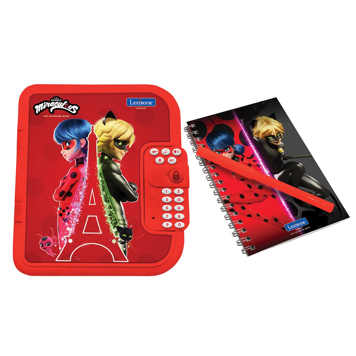 Lexibook - Miraculous, Diario Segreto elettronico con Penna e quaderno Inclusi, interattivo, Password, funzioni Divertenti, Effetti sonori, Rosso, SD50MILXB