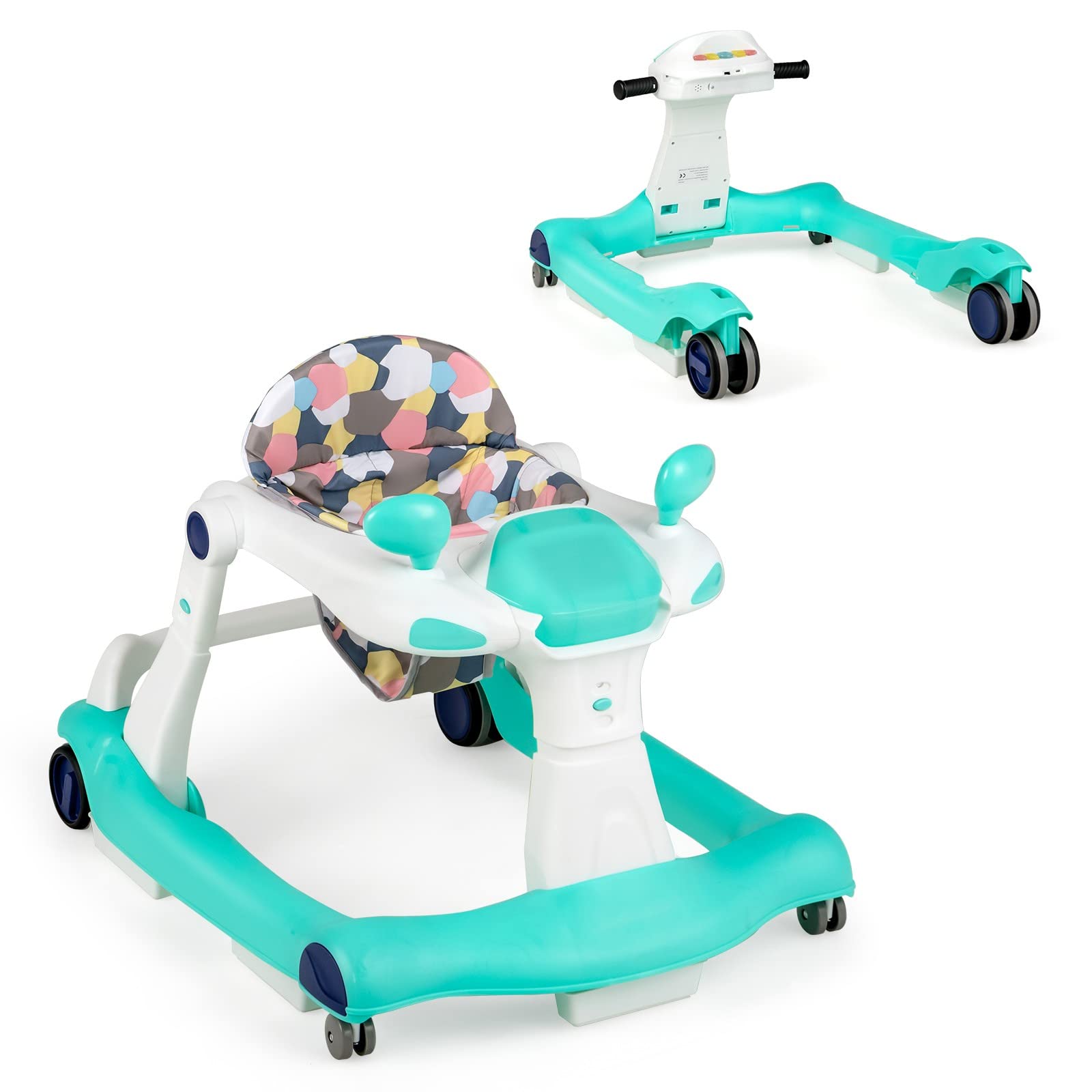 GYMAX Girello per Bambini, Design 2 in 1, con Sedile Regolabile e Ruote Universali, Girello Dotato di Illuminazione e Musica per Bambini dai 6 a 18 Mesi, 73 x 59,5 x 50,5cm (verde)