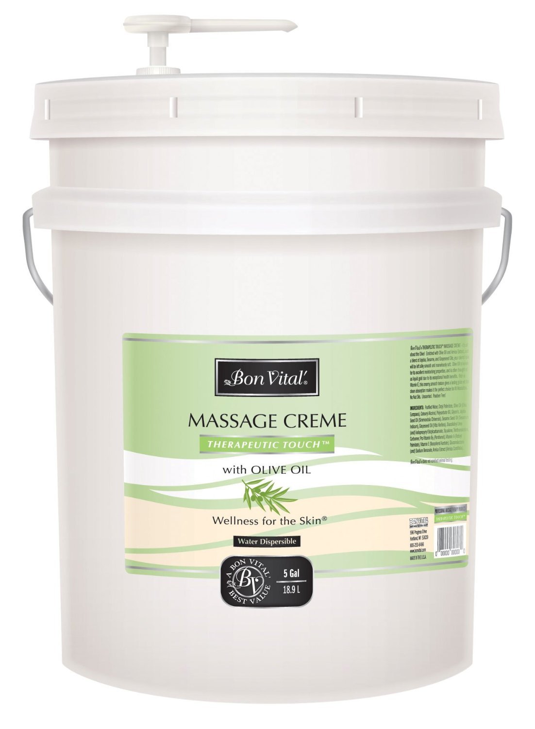 Bon Vital' Therapeutic Touch Massage Creme, Professional Massage Therapy Cream with Olive Oil to Repair Dry Skin & Soothe Sore Muscles, Full Body Moisturizer For Youthful Looking Skin, 5 Gallon