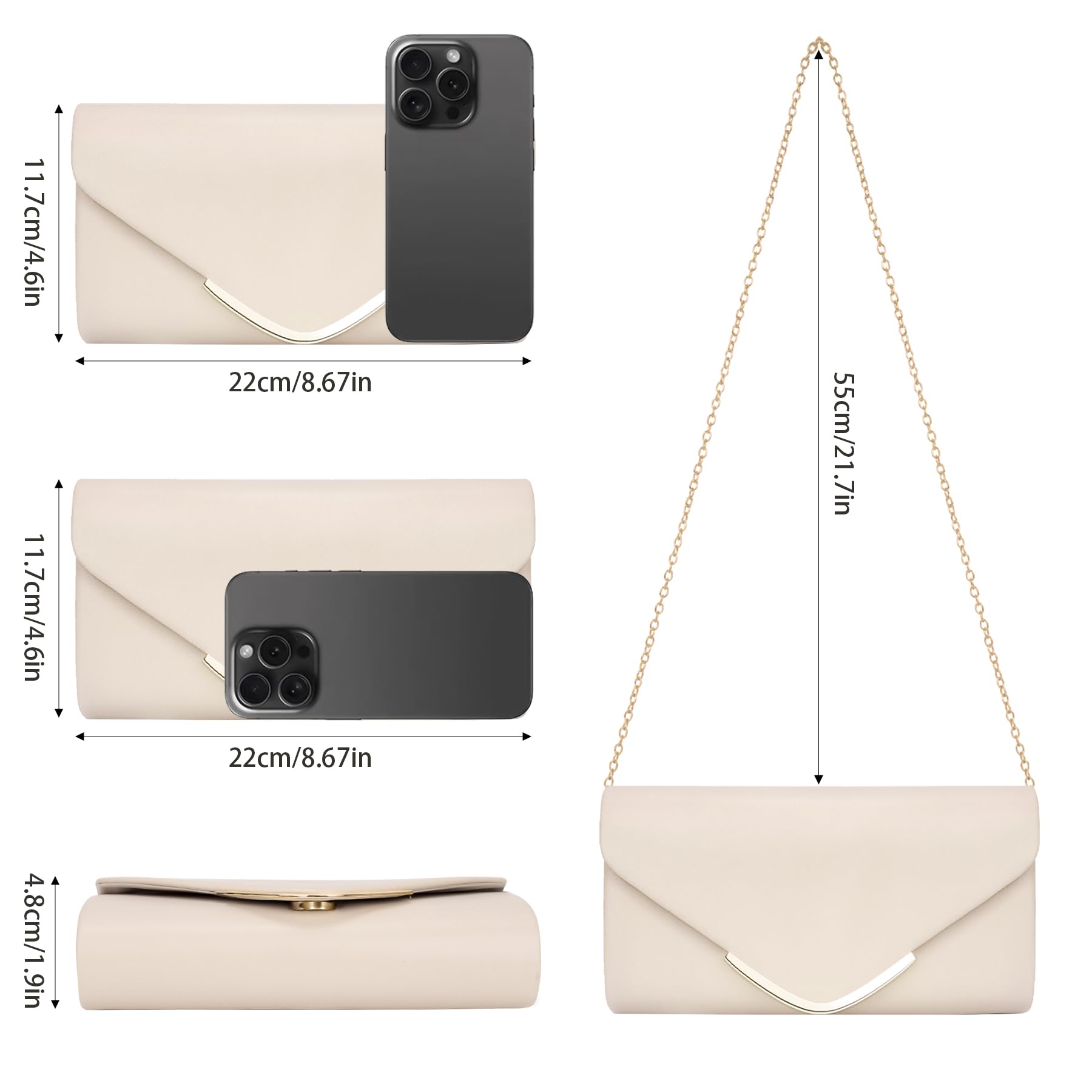 Larcenciel Damen Clutch, Nude Leder Handtaschen mit Kette, Elegant Envelope Abendtasche Mode Crossbody Umschlag Tasche
