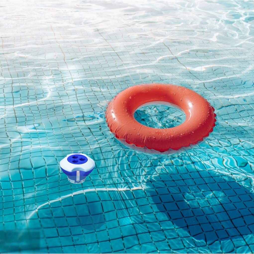 MILEVO Thermomètre à Eau Flottant Distributeur de Chlore de Piscine thermomètre dérive Support de comprimés de Brome for Spa de Natation Bain à remous