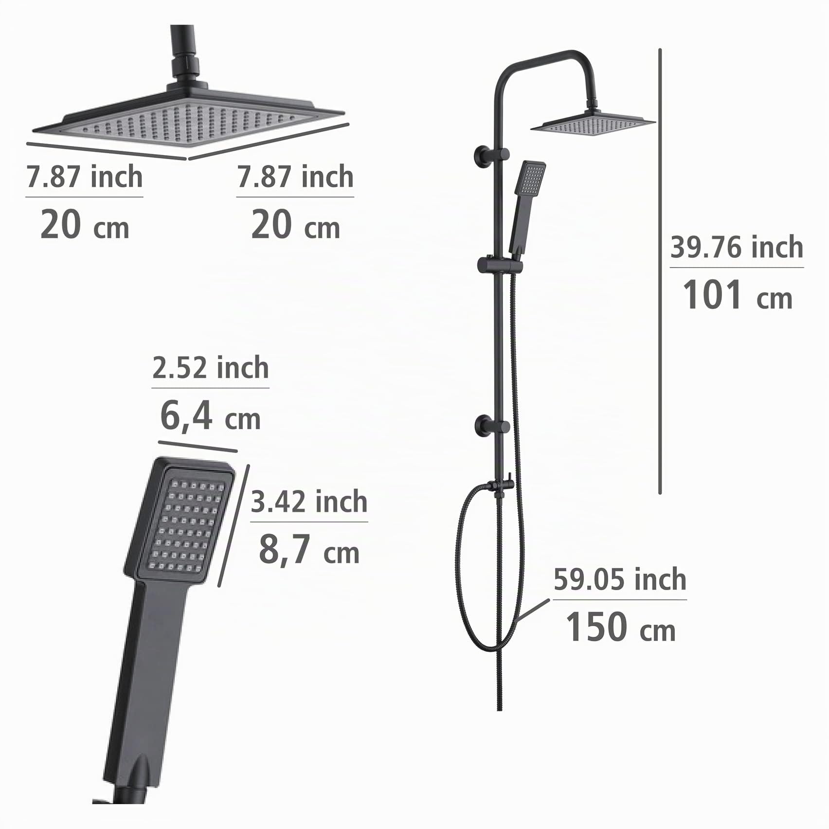 WENKO Duschsystem Cuadro, Duschstange aus Edelstahl mit Regenduschkopf (20x20 cm) und Handbrause mit Regen-Funktion, eckiges Design, variable Befestigung, Schwarz